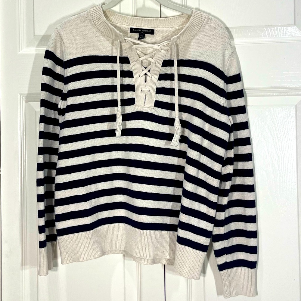Banana Republic Ivory & Navy Stripe Nautical Lace Up Front Pullover Sweater